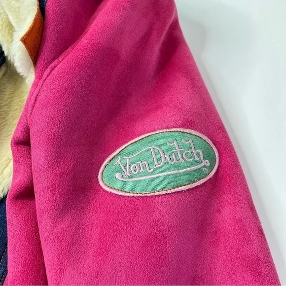 RARE Vintage Von Dutch Y2K Pink & Yellow Suede Blue Denim Faux Fur Bomber Jacket - Picture 10 of 16